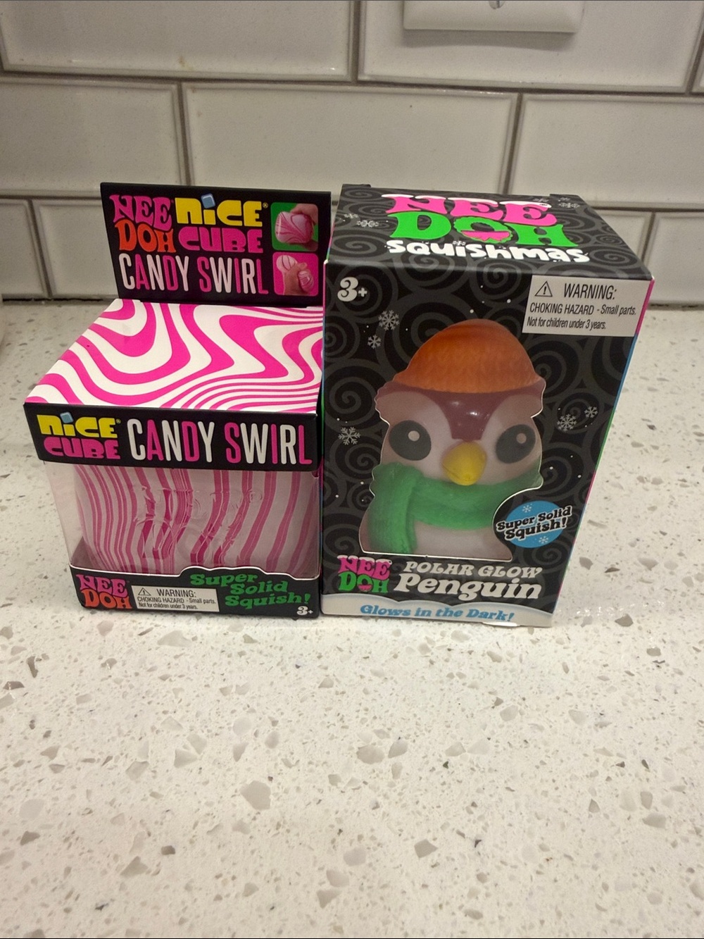 Needoh nice cube candy swirl pink white and polar glow penguin.squishes NWT